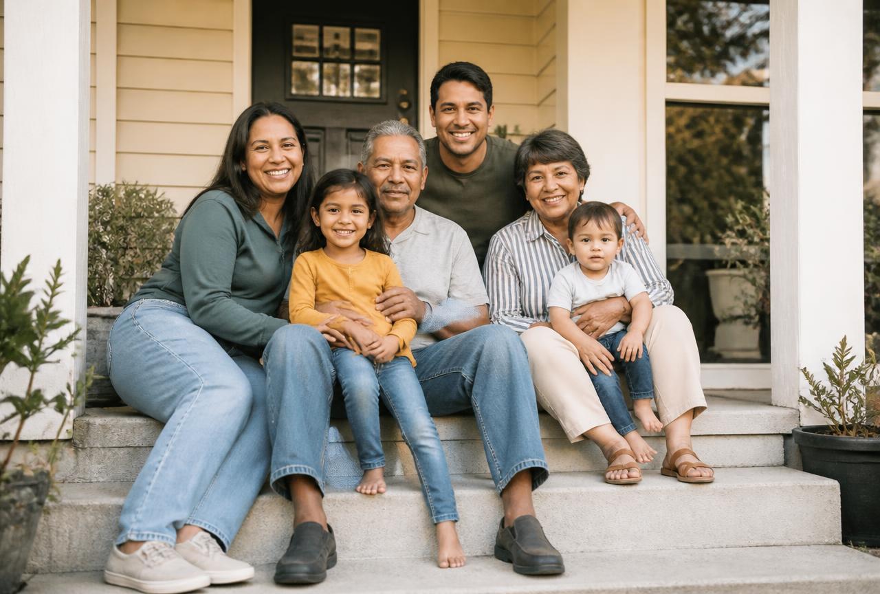 A multigenerational family sitting together on the front porch of their home