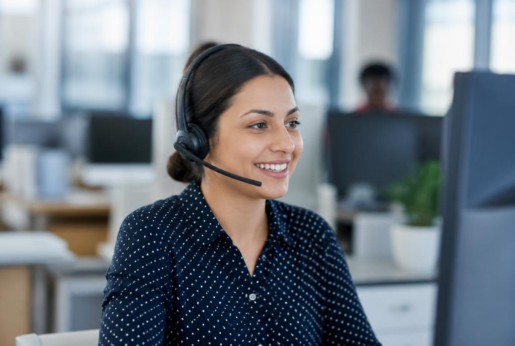 A certified counselor wearing a headset during a call